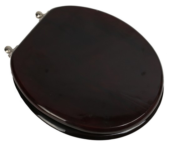 Designer Solid Round Oak Wood Toilet Seat with Brushed Nickel Hinges, Mahogany