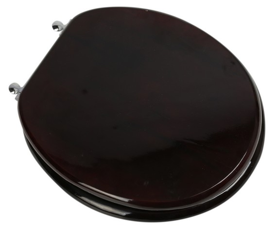 Designer Solid Round Oak Wood Toilet Seat with Chrome Hinges, Mahogany