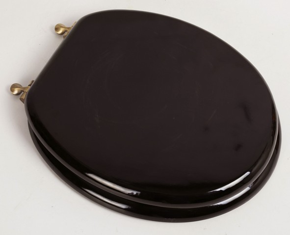 5F1R2-18AB Designer Solid Round Oak Wood Toilet Seat with Antique Brass Hinges- Dark Brown Oak