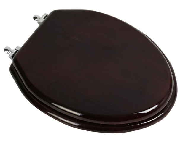 Designer Solid Elongated Oak Wood Toilet Seat with Chrome Hinges, Mahogany