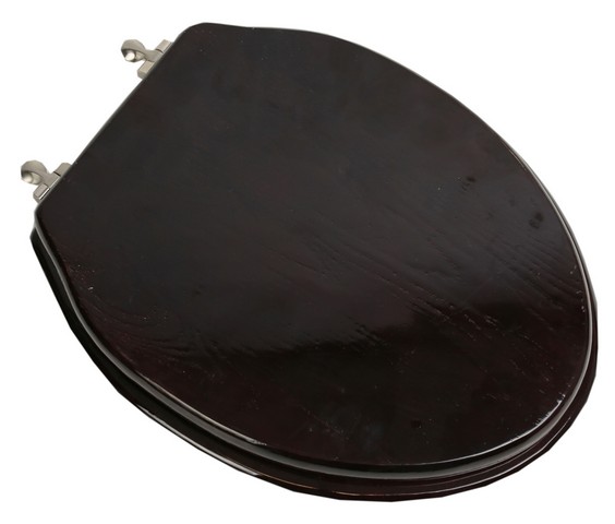 Designer Solid Elongated Oak Wood Toilet Seat with Brushed Nickel Hinges, Dark Brown Oak
