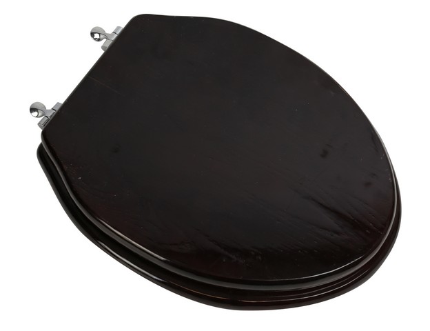 5F1E2-18CH Designer Solid Elongated Oak Wood Toilet Seat with Chrome Hinges- Dark Brown Oak