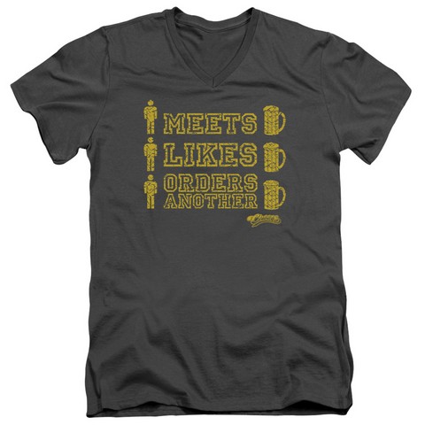 Cheers-Man Meets Beer - Short Sleeve Adult 30-1 V-Neck Tee - Charcoal, Medium