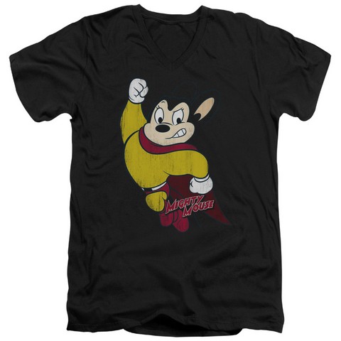 Mighty Mouse-Classic Hero - Short Sleeve Adult 30-1 V-Neck Tee - Black- Medium