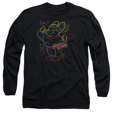 Mighty Mouse-Neon Hero - Long Sleeve Adult 18-1 Tee - Black- Large