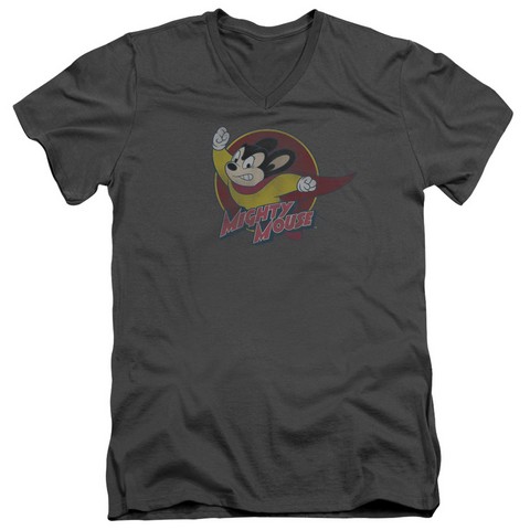 Mighty Mouse-Mighty Circle - Short Sleeve Adult 30-1 V-Neck Tee - Charcoal, Medium