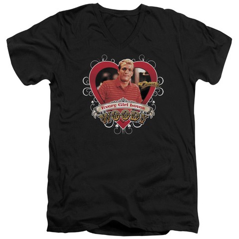 Cheers-Woody - Short Sleeve Adult 30-1 V-Neck Tee - Black- Large