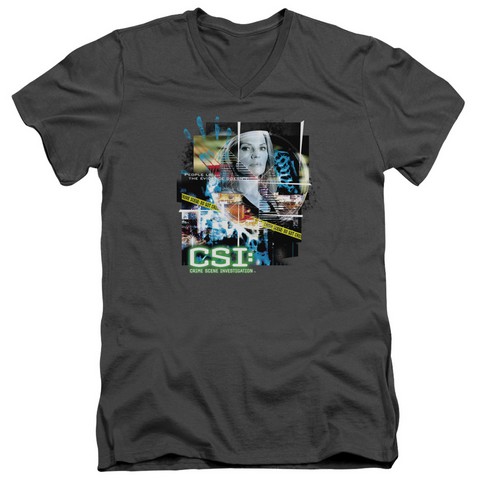Csi-Evidence Collage - Short Sleeve Adult 30-1 V-Neck Tee - Charcoal, Medium