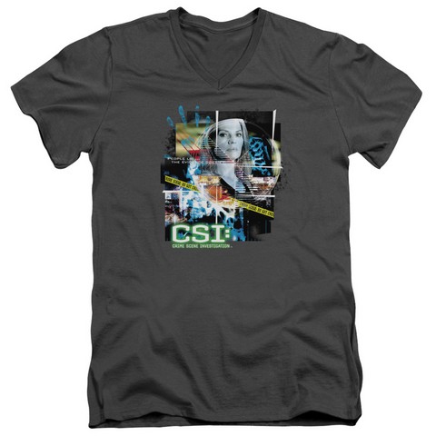 CSI-Evidence Collage - Short Sleeve Adult 30-1 V-Neck Tee - Charcoal- Extra Large -  NewGroove, NE3810842