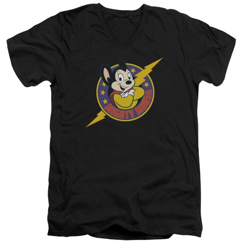 Mighty Mouse-Mighty Hero - Short Sleeve Adult 30-1 V-Neck Tee - Black- Medium