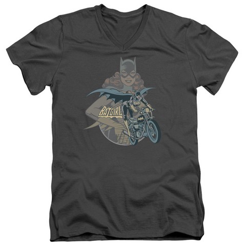 Dc-Batgirl Biker - Short Sleeve Adult 30-1 V-Neck Tee - Charcoal- Large