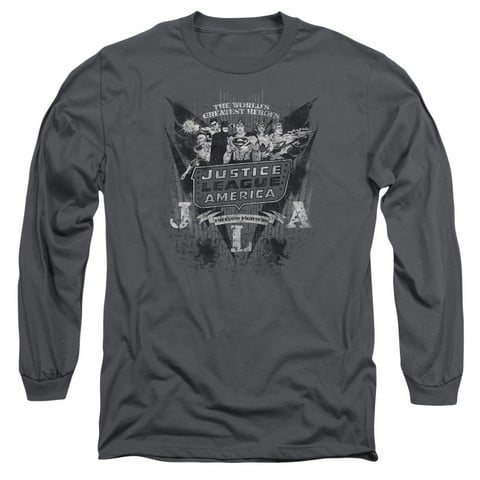 Dc-Greatest Heroes - Long Sleeve Adult 18-1 Tee - Charcoal- Medium