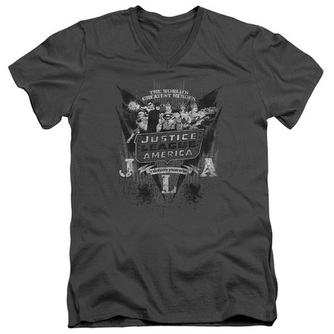 Dc-Greatest Heroes - Short Sleeve Adult 30-1 V-Neck Tee - Charcoal- Large