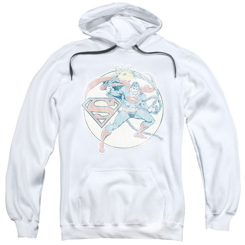 Dco-Retro Superman Iron On - Adult Pull-Over Hoodie - White- Extra Large