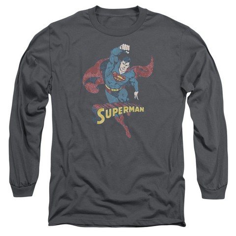 Dco-Desaturated Superman - Long Sleeve Adult 18-1 Tee - Charcoal- Extra Large