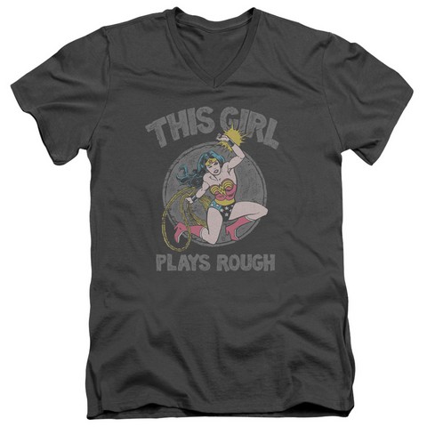 Dc-Plays Rough - Short Sleeve Adult 30-1 Tee V-Neck - Charcoal, Medium