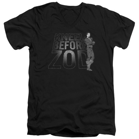 Dc-Kneel Zod - Short Sleeve Adult 30-1 Tee V-Neck - Black- Extra Large