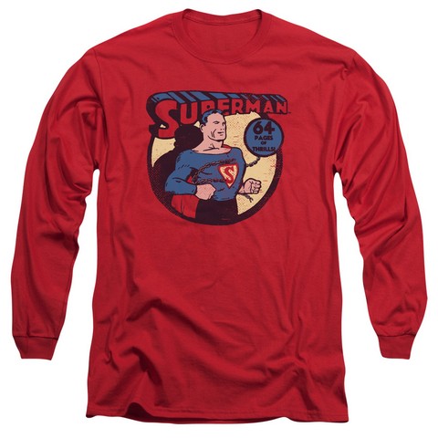 Dc-Superman 64 - Long Sleeve Adult 18-1 Tee - Red- Extra Large
