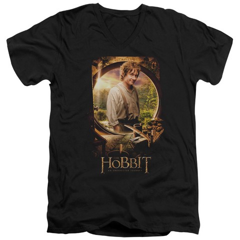 The Hobbit-Bilbo Poster Short Sleeve Adult V-Neck 30-1 Tee- Black - Large