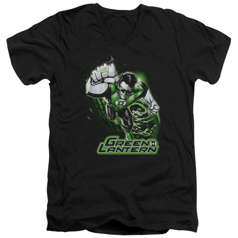 Jla-Green Lantern Green & Gray Short Sleeve Adult V-Neck 30-1 Tee- Black - Large