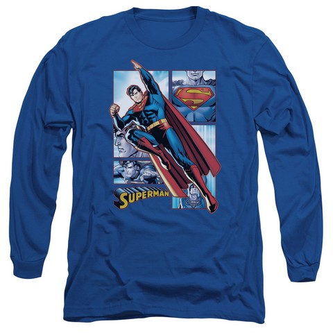 Jla-Superman Panels Long Sleeve Adult 18-1 Tee- Royal - Medium