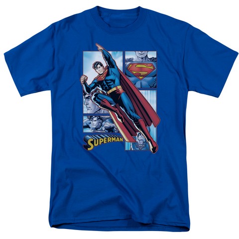 Jla-Superman Panels Short Sleeve Adult 18-1 Tee- Royal - Medium