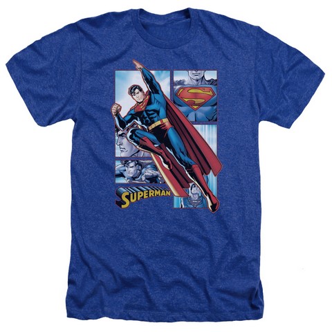 Jla-Superman Panels Adult Heather Tee- Royal - Small