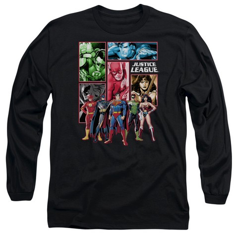 Jla-Justice League Panels Long Sleeve Adult 18-1 Tee- Black - Medium