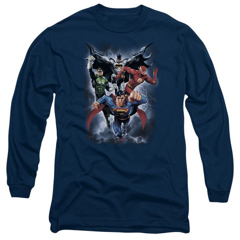 Jla-The Coming Storm Long Sleeve Adult 18-1 Tee- Navy - Medium