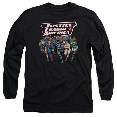 Jla-Charging Justice Long Sleeve Adult 18-1 Tee- Black - Medium