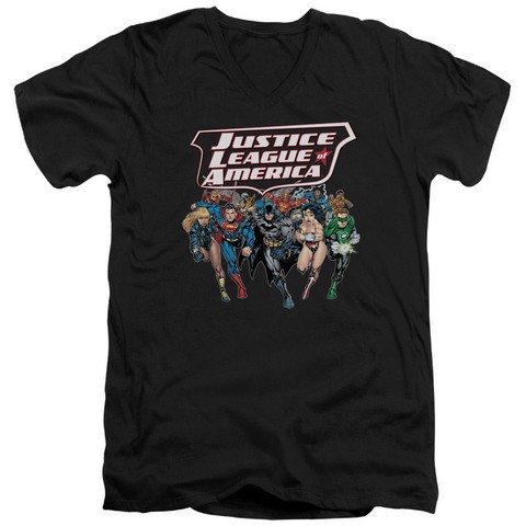 Jla-Charging Justice Short Sleeve Adult V-Neck 30-1 Tee- Black - Medium