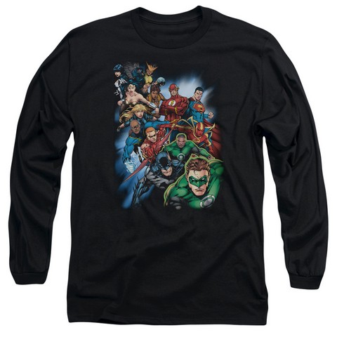 Jla-Heroes Unite Long Sleeve Adult 18-1 Tee- Black - Medium