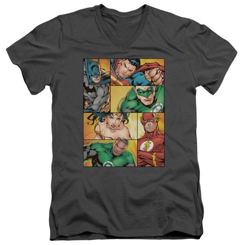 Jla-Hero Boxes Short Sleeve Adult V-Neck 30-1 Tee- Charcoal - Large
