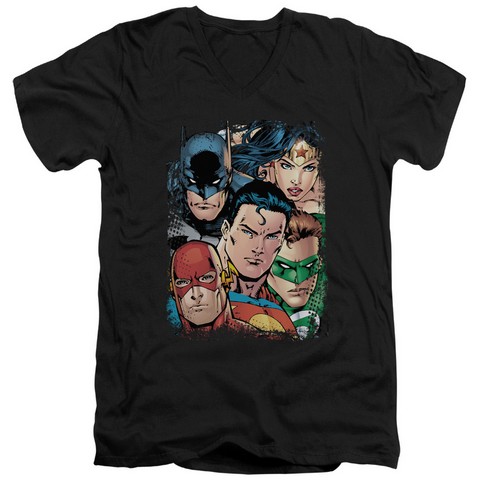 Jla-Up Close And Personal Short Sleeve Adult V-Neck 30-1 Tee- Black - Large