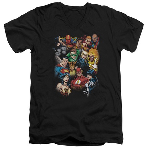 Jla-The Leagues All Here Short Sleeve Adult V-Neck 30-1 Tee- Black - Large