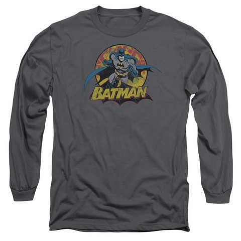 Jla-Batman Rough Distress Long Sleeve Adult 18-1 Tee- Charcoal - Medium
