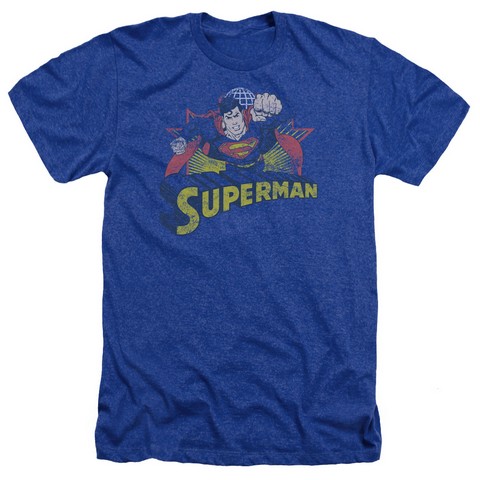 Jla-Superman Rough Distress Adult Heather Tee- Royal - Medium