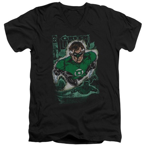 Jla-Green Lantern No. 1 Distress Short Sleeve Adult V-Neck 30-1 Tee- Black - Large