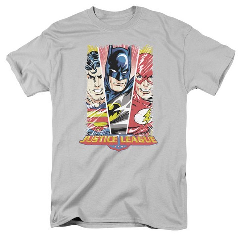 Jla-Hero Triptych Short Sleeve Adult 18-1 Tee- Silver - 2X