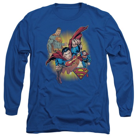 Jla-Superman Collage Long Sleeve Adult 18-1 Tee- Royal - Medium