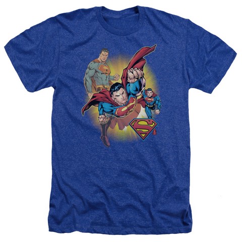 Jla-Superman Collage Adult Heather Tee- Royal - XL