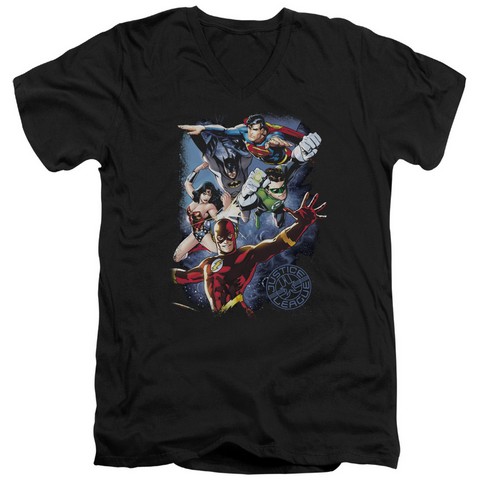 Jla-Galactic Attack Color Short Sleeve Adult V-Neck 30-1 Tee- Black - Medium