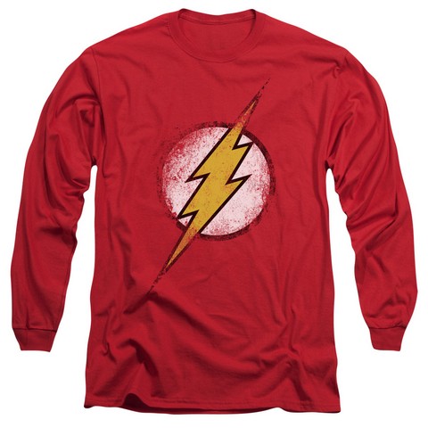 Jla-Destroyed Flash Logo Long Sleeve Adult 18-1 Tee- Red - Large