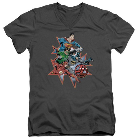 Jla-Starburst Short Sleeve Adult V-Neck 30-1 Tee, Charcoal - Medium