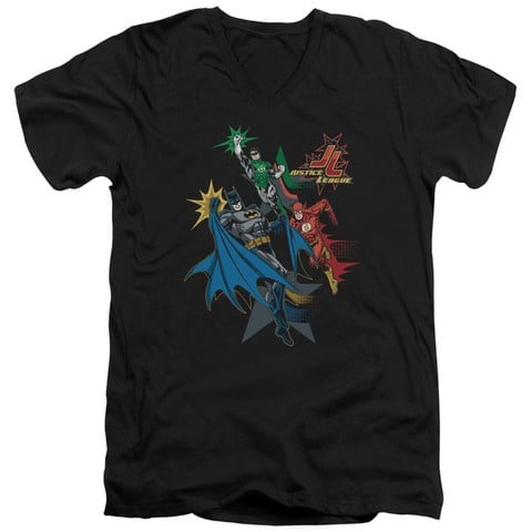 Jla-Action Stars Short Sleeve Adult V-Neck 30-1 Tee- Black - Large