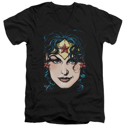 Dco Jla-Wonder Woman Head Short Sleeve Adult V-Neck 30-1 Tee- Black - Large