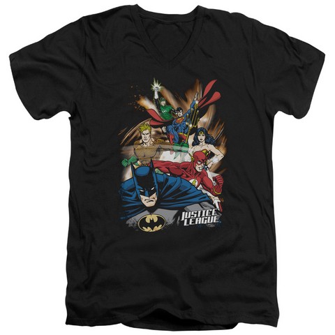 Jla-Starburst Short Sleeve Adult V-Neck 30-1 Tee- Black - Medium