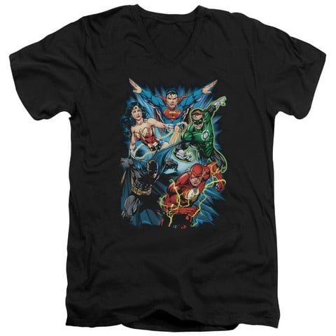Jla-Jl Assemble Short Sleeve Adult V-Neck 30-1 Tee- Black - Medium