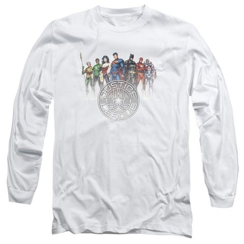 Jla-Circle Crest Long Sleeve Adult 18-1 Tee- White - Small