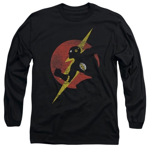 Jla-Flash Symbol Knockout Long Sleeve Adult 18-1 Tee, Black - Medium